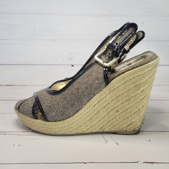 Banana Republic navy blue jute sling back peep toe wedge heels size 7 - Picture 2 of 8